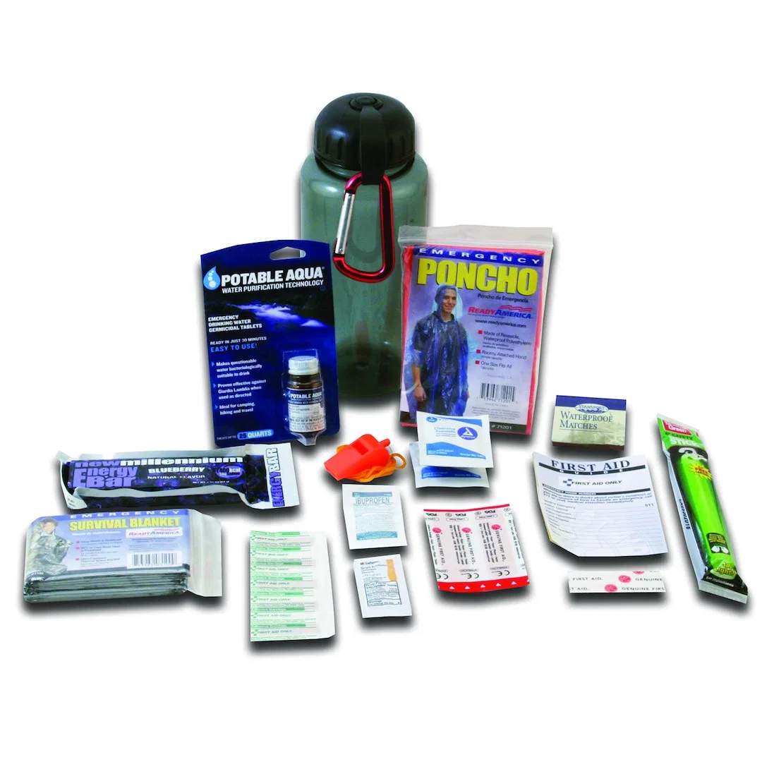 70060 – READY AMER Emergency Kit, With 400 Calorie Food Bar/ Water Purification Tablets/ 18 Piece First Aid Kit/ Whis...